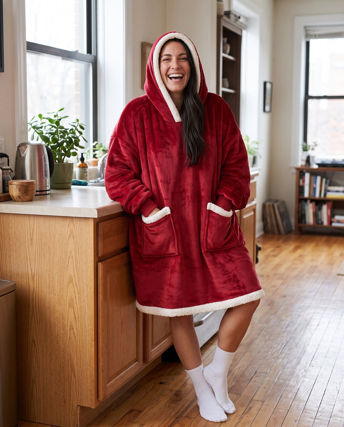 Couchmode Blanket Hoodie in Red, lifestyle