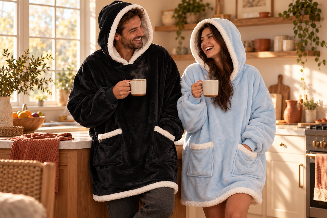 A couple sharing coffee in the kitchen in Couchmode hoodies
