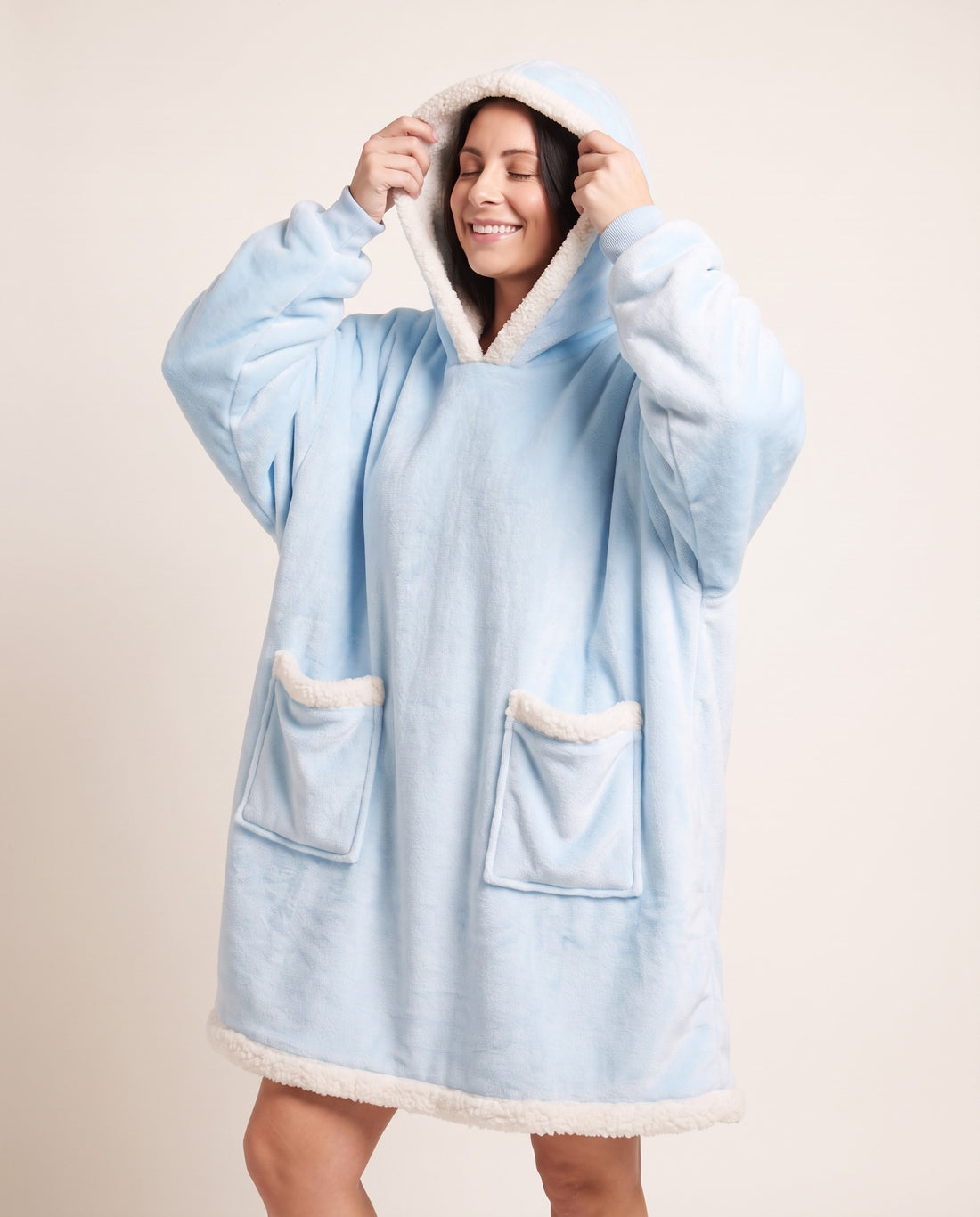 Couchmode Blanket Hoodie in Baby Blue, hood up