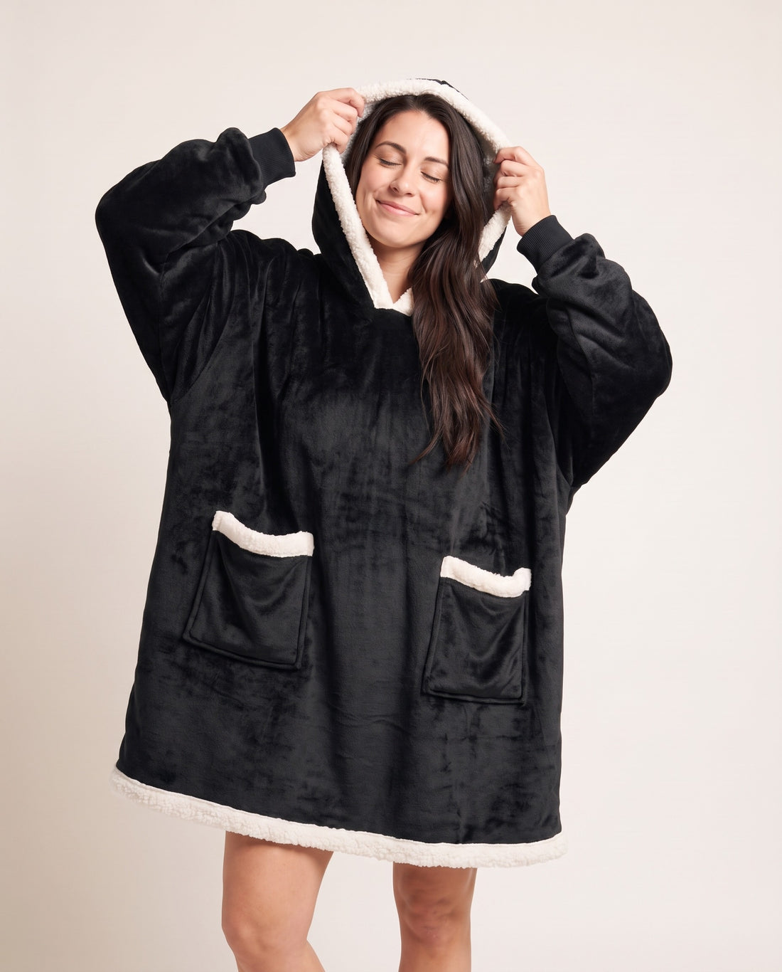 Couchmode Blanket Hoodie in Black, hood up