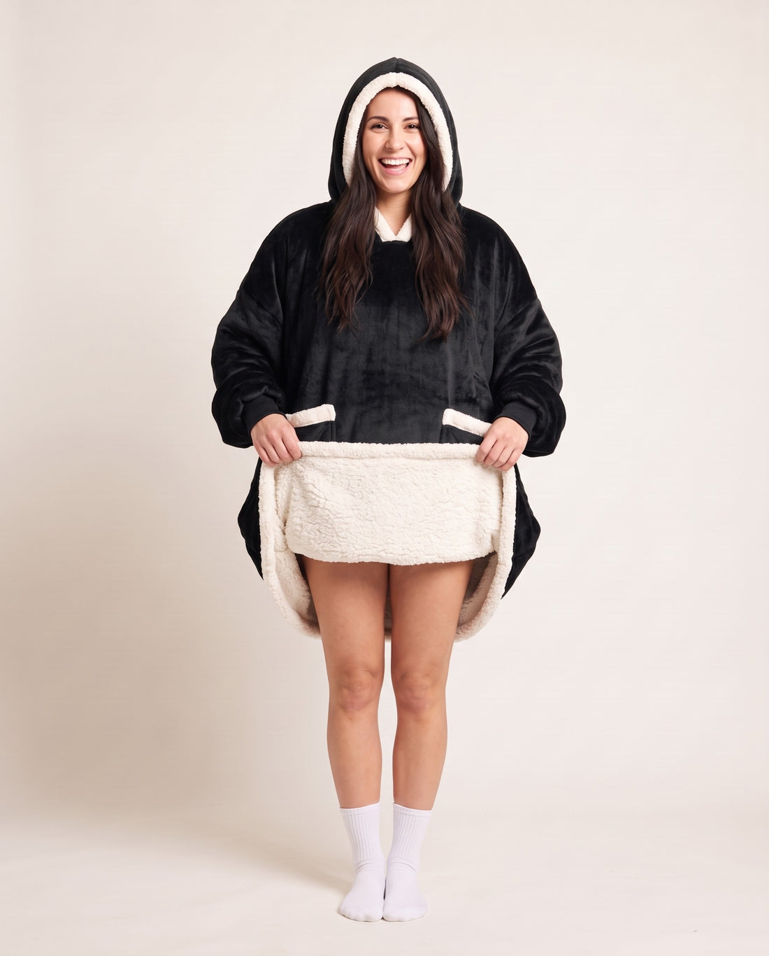 Couchmode Blanket Hoodie in Black, sherpa lining