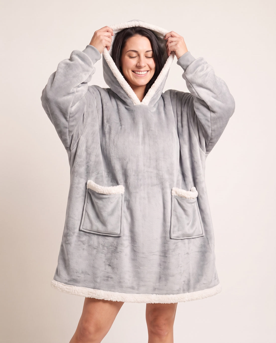 Couchmode Blanket Hoodie in Grey, hood up