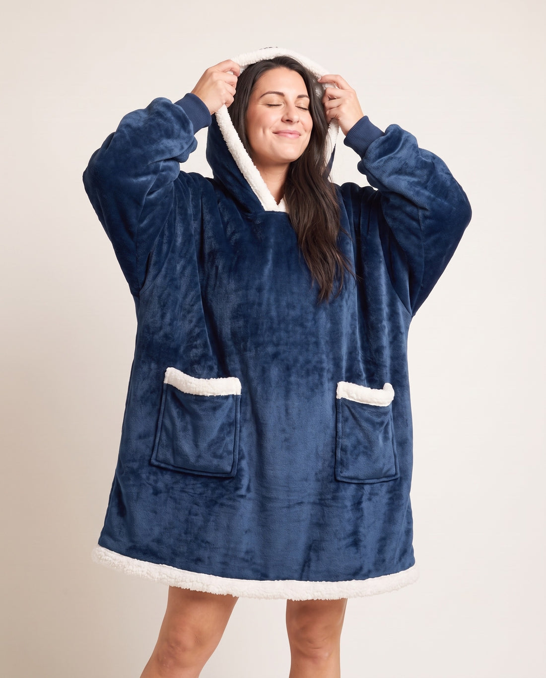 Couchmode Blanket Hoodie in Navy, hood up