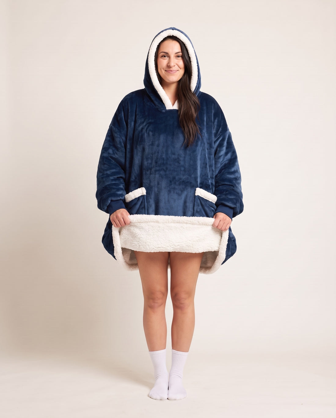 Couchmode Blanket Hoodie in Navy, sherpa lining