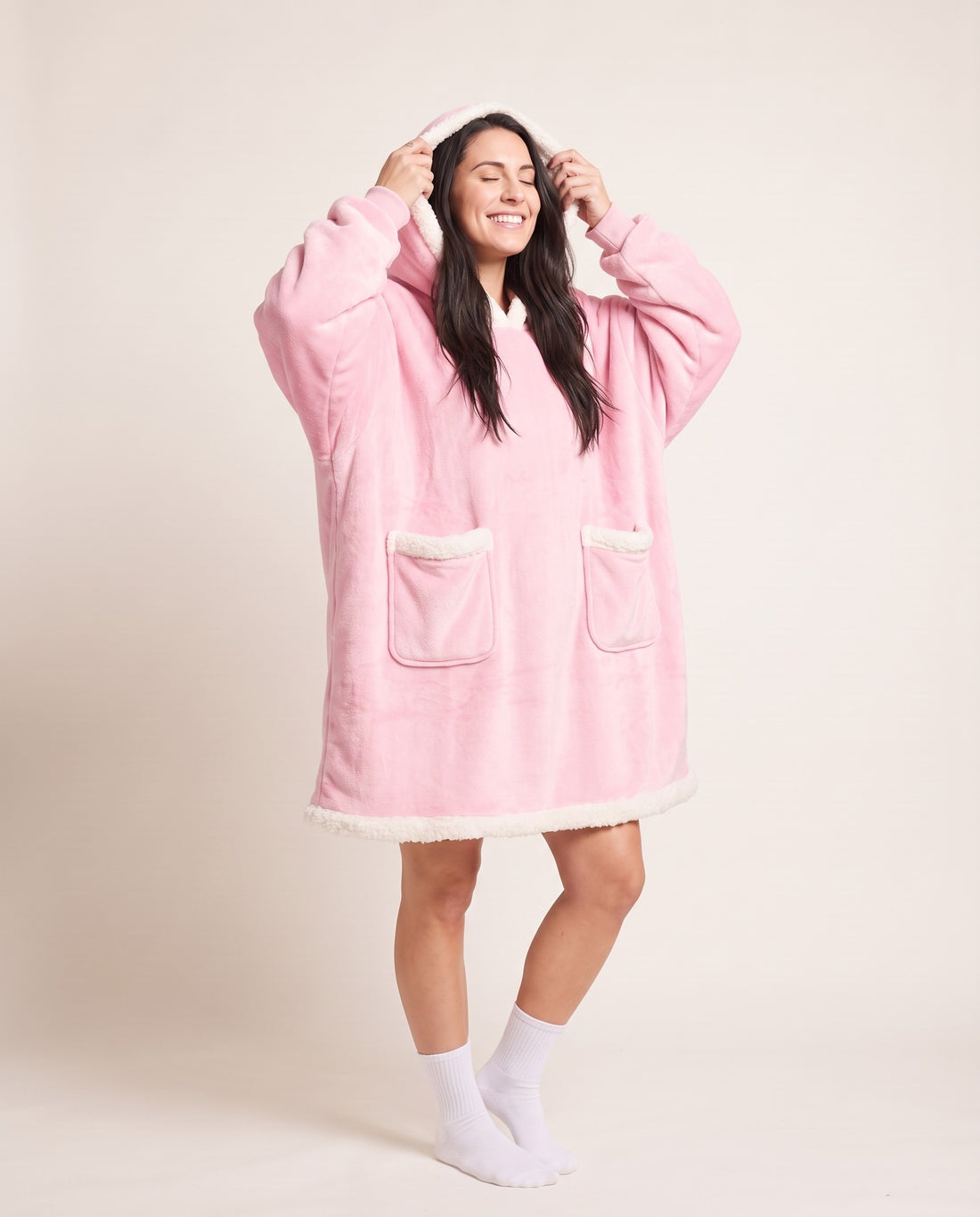 Couchmode Blanket Hoodie in Pink, hood up