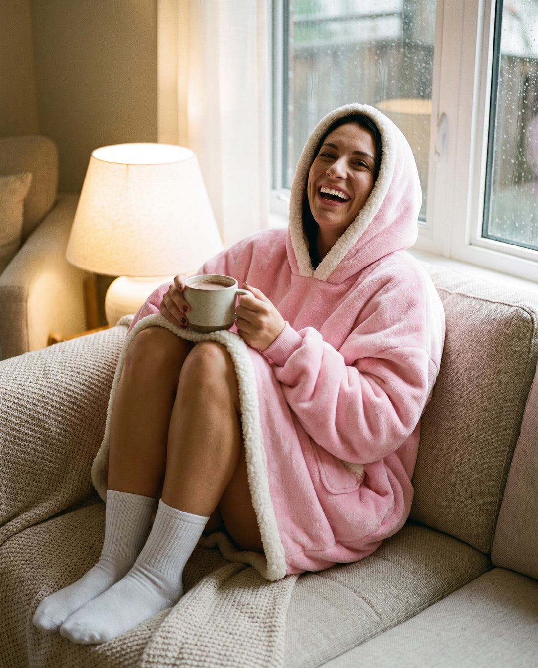 Couchmode Blanket Hoodie in Pink, lifestyle