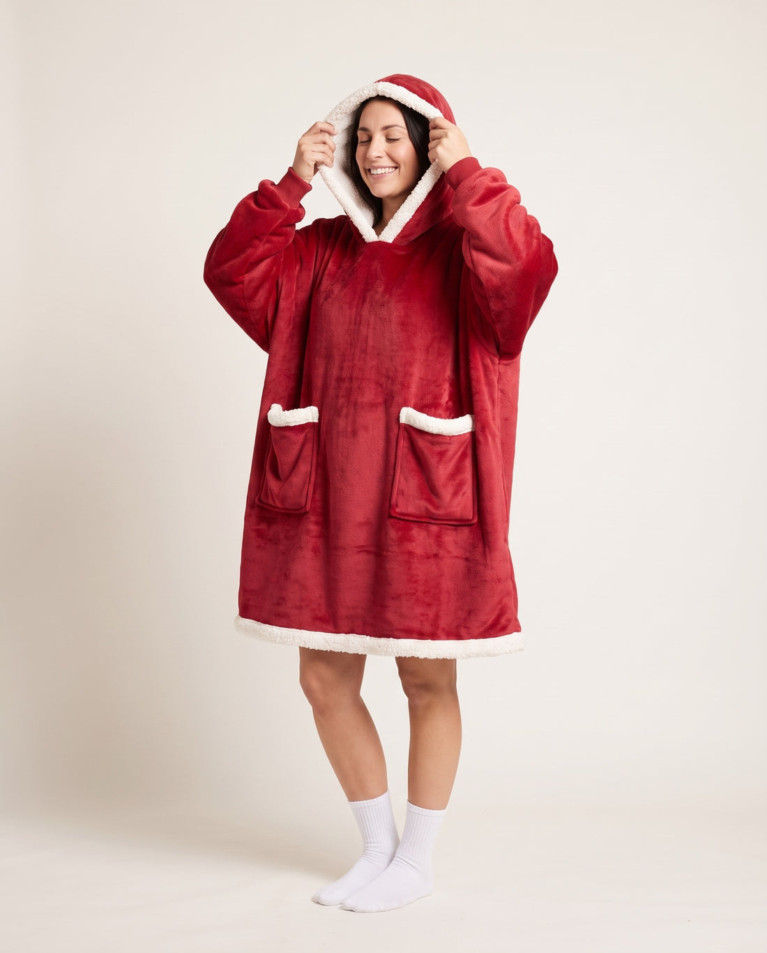 Couchmode Blanket Hoodie in Red, hood up
