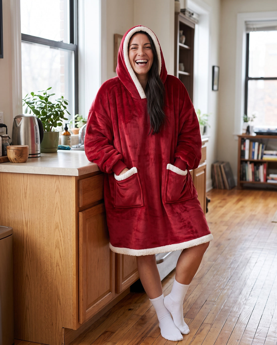 Couchmode Blanket Hoodie in Red, lifestyle