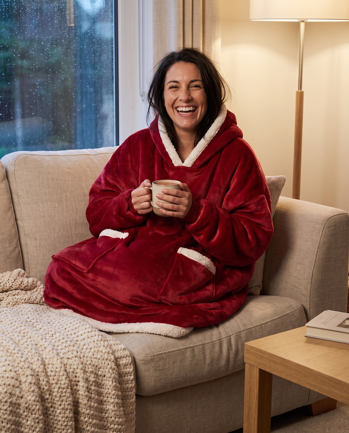 Couchmode Blanket Hoodie in Red, on the sofa